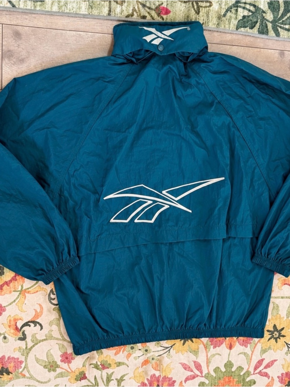 Vintage 90s Reebok Teal Windbreaker Jacket Packable Hood Men’s Large